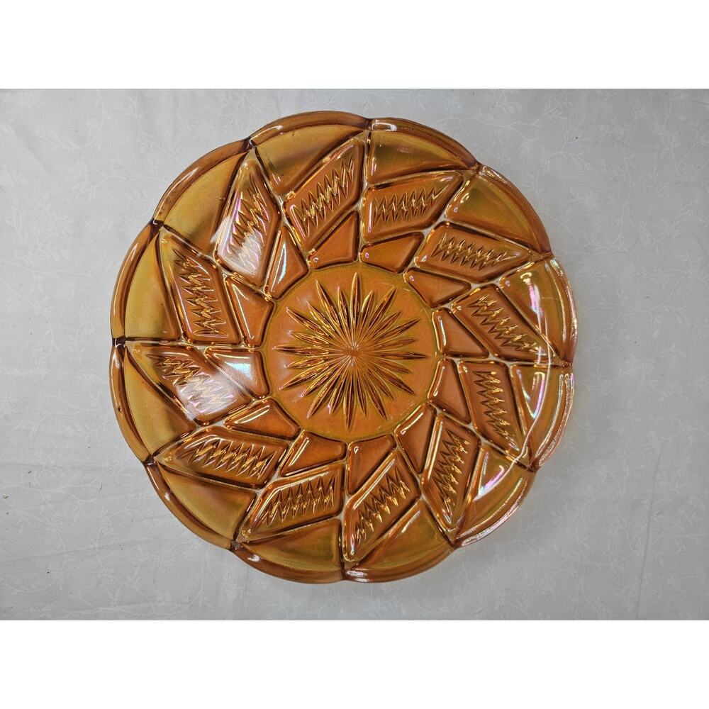 Antique Zipper Stitch Marigold Carnival Glass Plate 9"